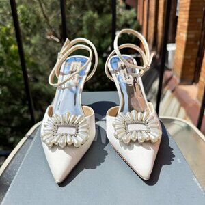 Badgley Mischka Nicky Pearl Pointed Toe Wedding Heels White Satin Womens 9